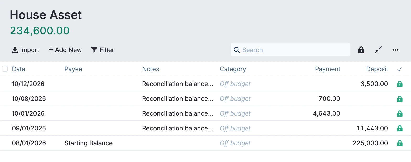 The House Asset ledger with the reconciliation transaction locked