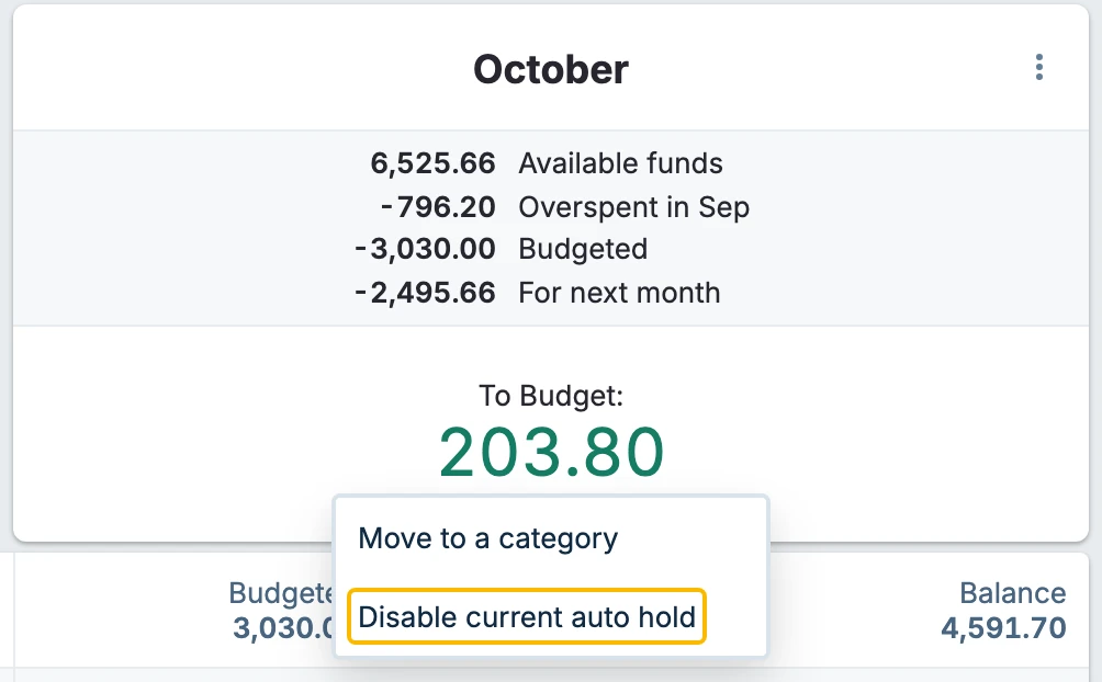 The To Budget menu with Disable current auto hold highlighted